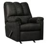 Full shot of a black recliner chair.    The chair has a dark, possibly black, fabric upholstery.  The back and cushions have a textured, slightly tufted appearance.    The armrests are well-padded and upholstered in the same material as the rest of the chair.    The chair has a rocking/gliding base.    Reclining mechanisms are visible, and the chair likely reclines and/or rocks.    The chair is presented against a plain white background, which allows the chair's color and design to stand out.