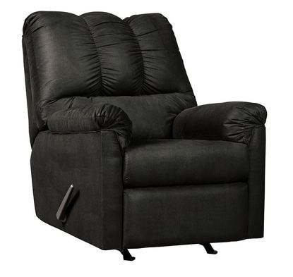 Full shot of a black recliner chair.    The chair has a dark, possibly black, fabric upholstery.  The back and cushions have a textured, slightly tufted appearance.    The armrests are well-padded and upholstered in the same material as the rest of the chair.    The chair has a rocking/gliding base.    Reclining mechanisms are visible, and the chair likely reclines and/or rocks.    The chair is presented against a plain white background, which allows the chair's color and design to stand out.