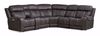 A dark gray or brown sectional sofa with a diamond-quilted pattern and light beige stitching.    The sofa is a contemporary style with multiple seating areas, including a corner section.  Reclining features are visible on the armrests and backrests.  Metal accents or hardware details are present on the recliner areas. The upholstery appears to be a leather or leather-like material. The image is well-lit and shows the sectional sofa from a full front view.