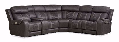 A dark gray or brown sectional sofa with a diamond-quilted pattern and light beige stitching.    The sofa is a contemporary style with multiple seating areas, including a corner section.  Reclining features are visible on the armrests and backrests.  Metal accents or hardware details are present on the recliner areas. The upholstery appears to be a leather or leather-like material. The image is well-lit and shows the sectional sofa from a full front view.