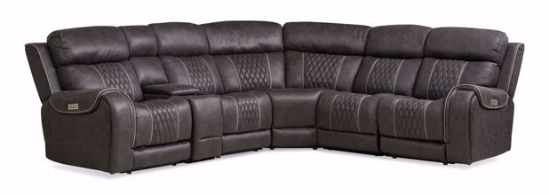 A dark gray or brown sectional sofa with a diamond-quilted pattern and light beige stitching.    The sofa is a contemporary style with multiple seating areas, including a corner section.  Reclining features are visible on the armrests and backrests.  Metal accents or hardware details are present on the recliner areas. The upholstery appears to be a leather or leather-like material. The image is well-lit and shows the sectional sofa from a full front view.