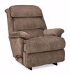 A light taupe-brown recliner chair is centered against a white background.    The chair has a padded back and seat with a textured fabric.  The back is slightly arched and has a tufted design. The armrests are oversized and upholstered in the same material as the rest of the chair.    The chair's base is a dark, wood-toned. The chair's design appears contemporary and supportive.