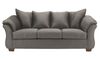 A three-seat couch, presented in a muted gray or taupe color.  The upholstery appears to be a smooth, possibly fabric-like material.  The couch has gently curved armrests and a slightly raised back, creating a comfortable and visually appealing profile.  The cushions are plump and appear to be well-filled.  The couch's legs are a dark, likely brown or espresso, wood tone. The couch is presented against a plain white background, focusing solely on the furniture piece.