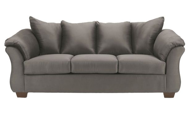 A three-seat couch, presented in a muted gray or taupe color.  The upholstery appears to be a smooth, possibly fabric-like material.  The couch has gently curved armrests and a slightly raised back, creating a comfortable and visually appealing profile.  The cushions are plump and appear to be well-filled.  The couch's legs are a dark, likely brown or espresso, wood tone. The couch is presented against a plain white background, focusing solely on the furniture piece.