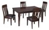 A dark wood dining table set with four matching chairs, each with vertical slat backs and cushioned seats, arranged around the table.