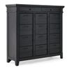 A tall, modern dresser made of dark-stained wood is displayed against a plain white background. The dresser features a sturdy, rectangular frame with a slightly raised top edge and a total of fourteen drawers Each drawer has a sleek,  metal handle in a contrasting dark finish. The wood grain is visible, adding texture to the smooth, matte black surface. The dresser stands on four angled legs, giving it a stable and elegant appearance, suitable for a bedroom or storage-focused space.