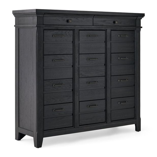 A tall, modern dresser made of dark-stained wood is displayed against a plain white background. The dresser features a sturdy, rectangular frame with a slightly raised top edge and a total of fourteen drawers Each drawer has a sleek,  metal handle in a contrasting dark finish. The wood grain is visible, adding texture to the smooth, matte black surface. The dresser stands on four angled legs, giving it a stable and elegant appearance, suitable for a bedroom or storage-focused space.