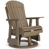 A brown, wooden Adirondack-style chair with a rounded backrest and wide armrests sits on a circular base, allowing it to swivel and rock. The chair features slatted construction and a slightly reclined design for comfort.