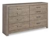 A light gray-brown wooden dresser with eight drawers.  The dresser has a slightly textured, wood-grain appearance.  The drawers all have matching, horizontal, dark gray metal handles.  The dresser has a simple, slightly raised, rectangular frame around the top and bottom edges.