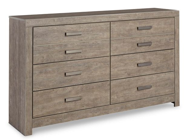 A light gray-brown wooden dresser with eight drawers.  The dresser has a slightly textured, wood-grain appearance.  The drawers all have matching, horizontal, dark gray metal handles.  The dresser has a simple, slightly raised, rectangular frame around the top and bottom edges.
