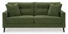 A dark olive green sofa is centrally positioned against a plain white background.   The sofa has a classic, padded, button-tufted back, and the upholstery has a subtle, textured weave. Two matching armrests are visible on each side. The sofa's legs are a dark brown or black wood tone. Two square accent pillows are placed on the back of the sofa. The couch appears to be modern and well-made.