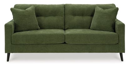 A dark olive green sofa is centrally positioned against a plain white background.   The sofa has a classic, padded, button-tufted back, and the upholstery has a subtle, textured weave. Two matching armrests are visible on each side. The sofa's legs are a dark brown or black wood tone. Two square accent pillows are placed on the back of the sofa. The couch appears to be modern and well-made.