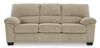 Full shot of a light beige or cream-colored three-seater sofa. The sofa has a corduroy-like textured fabric, with subtle vertical ribbed lines. The upholstery is a consistent tone. The sofa's arms are slightly flared and rounded, with a slightly tufted or quilted effect on the back and seat cushions. It has a classic, simple design with no embellishments. The sofa's legs are a dark, slightly brownish black color and are of a contemporary, slightly tapered design. The sofa is presented against a pure white background, which allows the color and details of the sofa to stand out clearly.