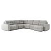 A light gray, sectional sofa is centered against a plain white background.    The sofa is an L-shape with a chaise lounge section extending from the main seating area. The upholstery appears to be a textured fabric with a subtle quilted pattern.  Each end of the sofa has padded armrests. A small, recessed storage space is visible in a section of the sofa.    The sofa is presented in a way that showcases its shape and style, and the soft light gray color makes it stand out.