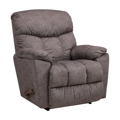 The Morrison Rocker Recliner is a gray recliner chair that has a tufted, slightly textured upholstery.  Armrests are prominent, and the chair's back is curved with padded cushioning. The chair is in a reclined position. The base of the chair is a darker shade of the same color as the upholstery. The chair's overall tone is a muted, neutral gray.