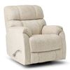 A beige upholstered recliner chair with a padded backrest, armrests, and a lever on the side for reclining.